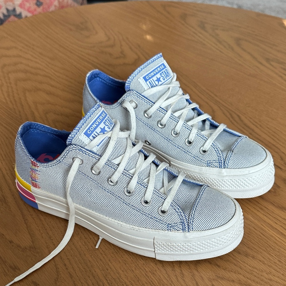 Converse Low Top Sneakers in Light Blue and White with Rainbow Heel Accent